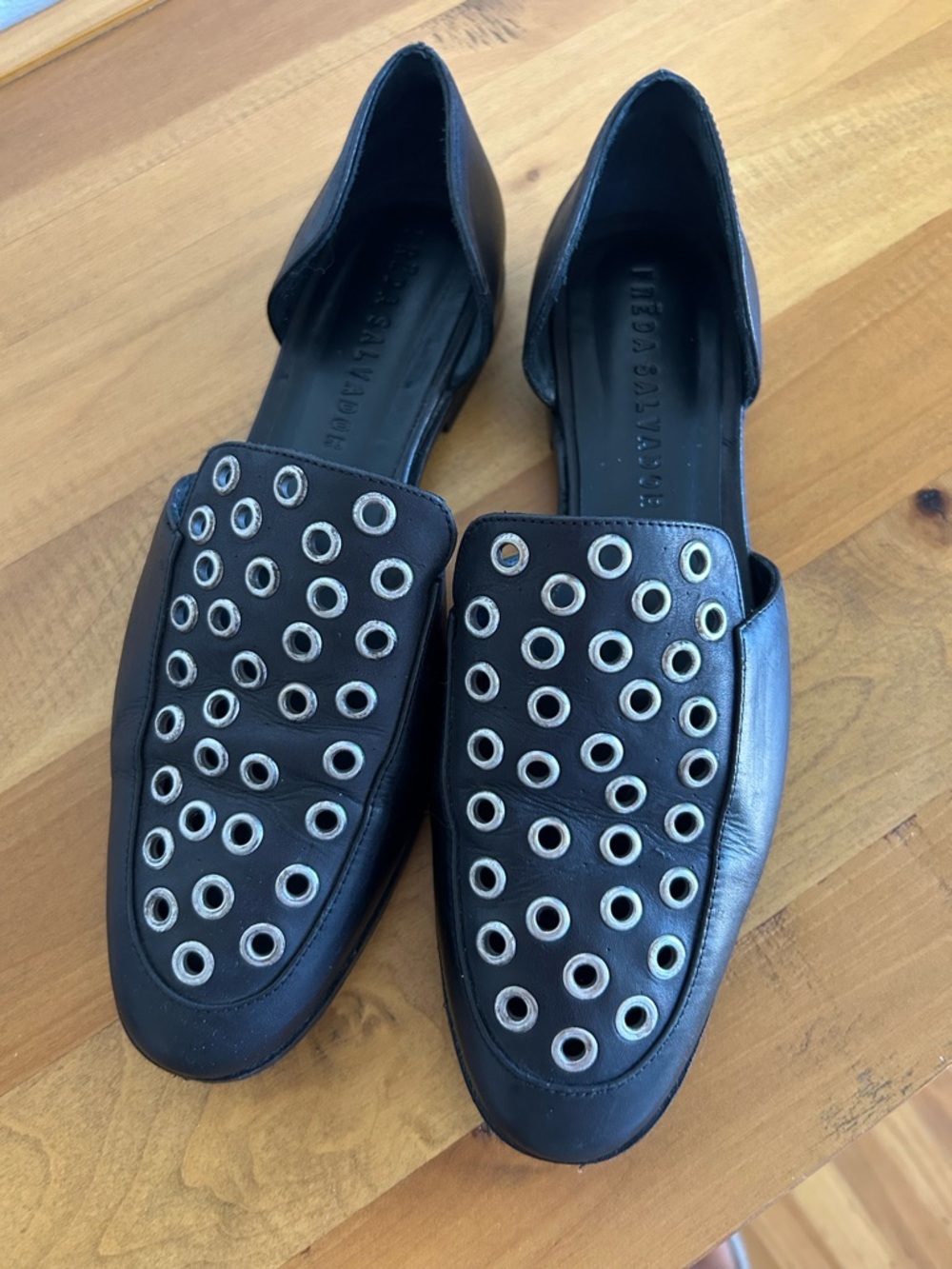 Black Leather D'Orsay Flats with Silver Eyelet Detail size 7. Excellent